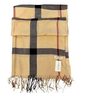 NWT BAZZAARA NY Tan Black & Red Nova Check Plaid Large Shawl Scarf w/ Fringe